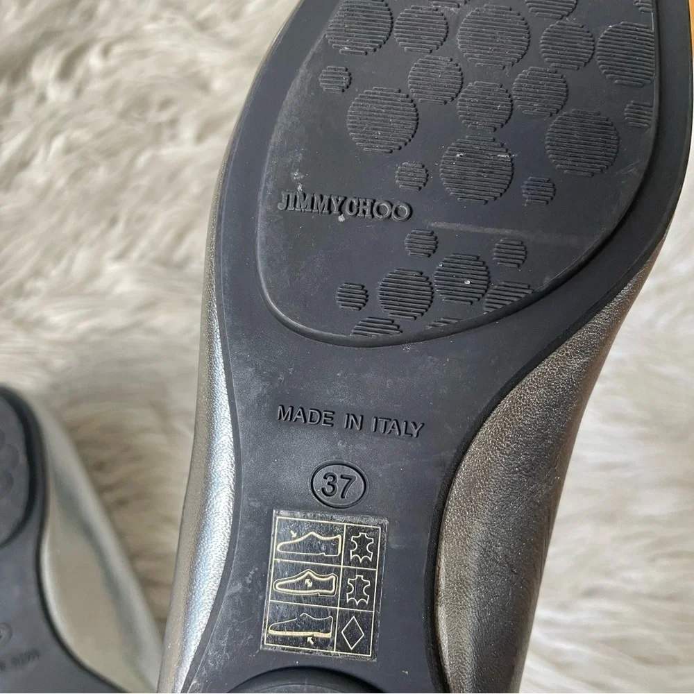 Jimmy Choo Watson Silver Metallic Calf Leather Studded Accents Ballet Flats 37